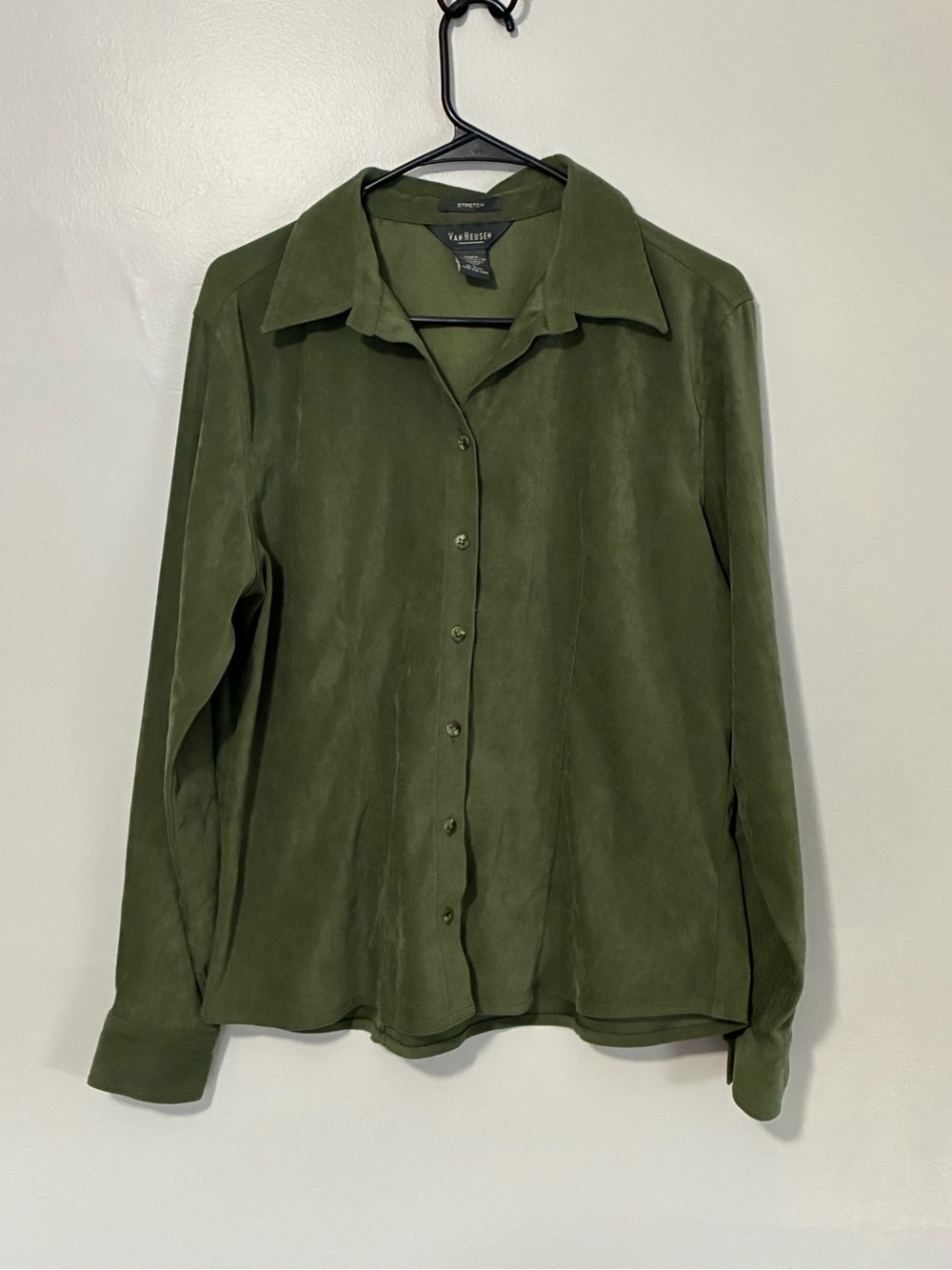 Van Heusen Olive Green Button-Front Women's L Blouse suede feel